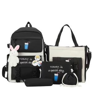 5Pcs Kawaii School Backpacks Combo Cute Bunny Pendant Pins Aesthetic